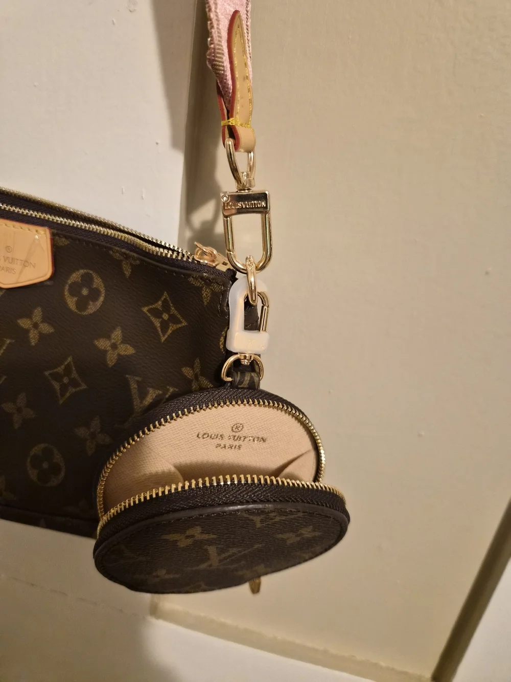 Louis Vuitton Brown Monogram Canvas Crossbody with Pink Strap